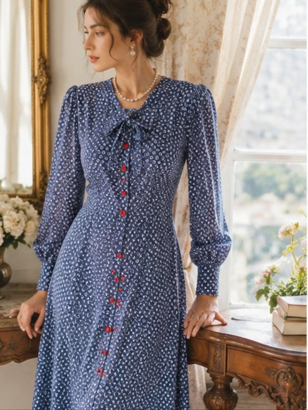 BURU Vintage The Notebook Neck Tie Shirtwaist Dress Ditsy Denim